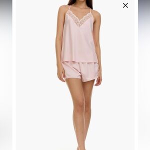 Flora Nikrooz Lace Trim Pink Satin Camisole Shorts Pajama Set Size M Retail $58